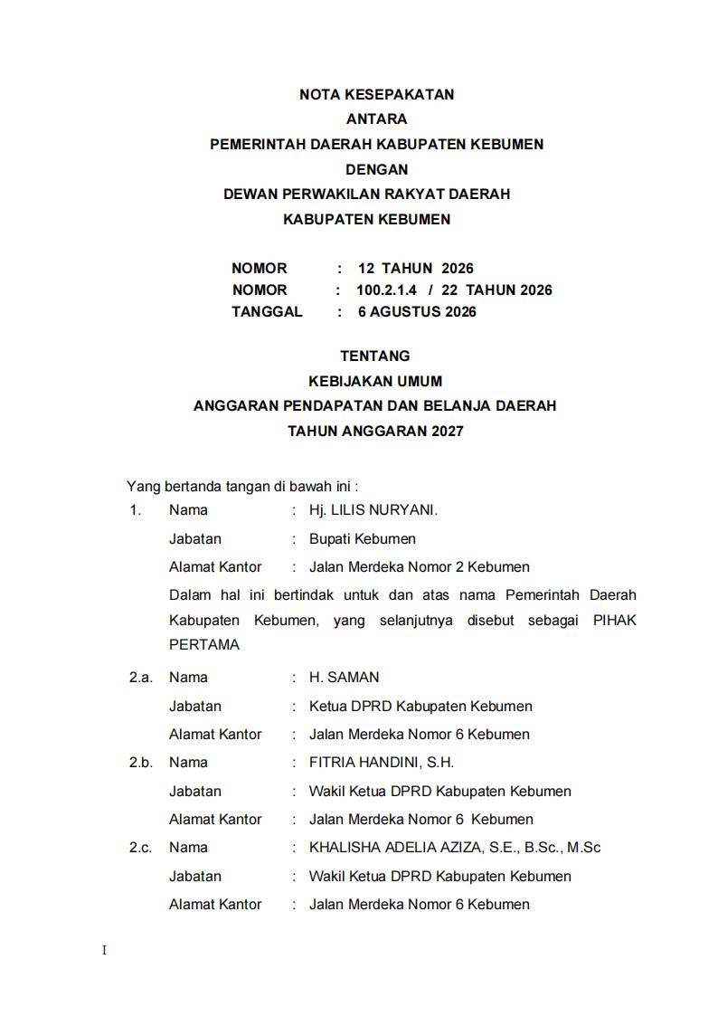 Nota Kesepakatan Nomor 12 Tahun 2026 dan Nomor 100.2.1.4/22 Tahun 2026 tentang Kebijakan Umum APBD Kabupaten Kebumen Tahun Anggaran 2027